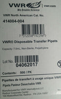 VWR, 414004-004, 7.5ML, Disposable, TRANSFER PIPETS, Pipet, 500/BX, SKBAWA-B038
