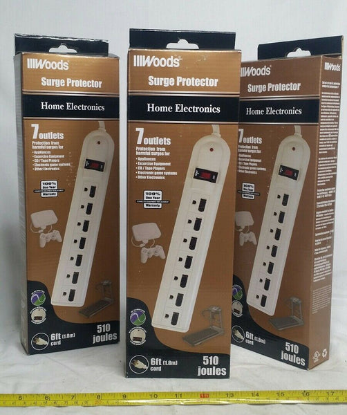 Lot of 3, Woods, 7-Outlet, Surge Protector, 510Joules 6ft cord 45200 skbawa-s038